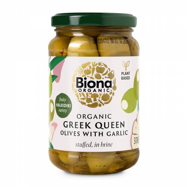 Biona Organic Greek Queen Olives with Garlic Stuffed in Brine, 370g