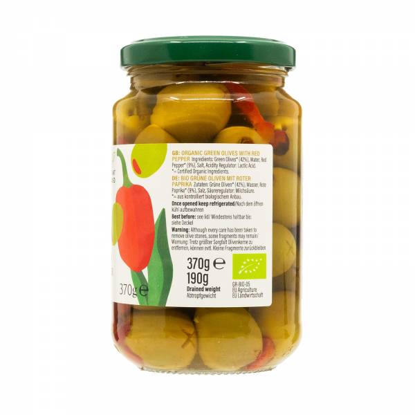 Biona Organic Greek Queen Olives with Red Pepper Stuffed in Brine, 370g