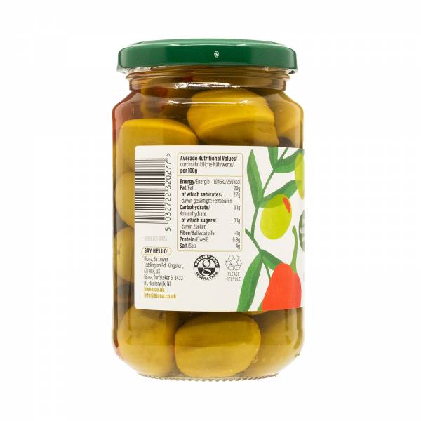 Biona Organic Greek Queen Olives with Red Pepper Stuffed in Brine, 370g