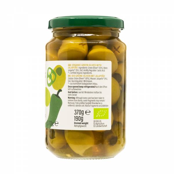 Biona Organic Greek Queen Olives with Jalapeno Stuffed in Brine, 370g