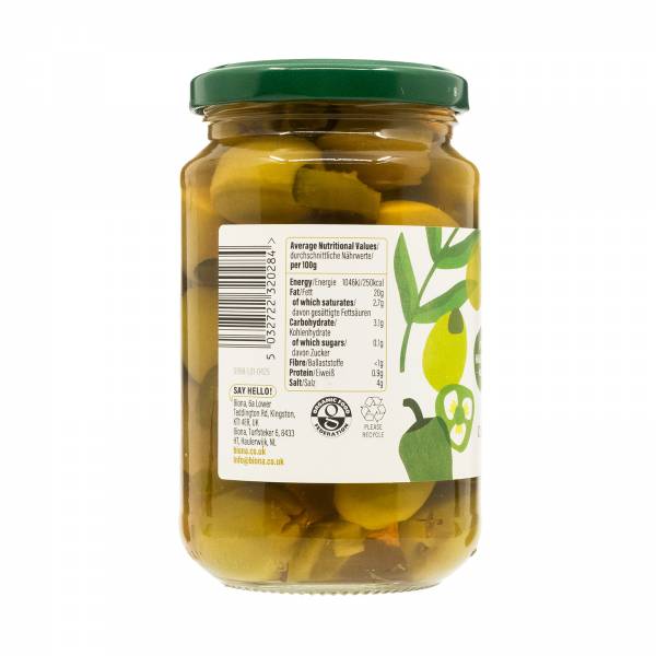 Biona Organic Greek Queen Olives with Jalapeno Stuffed in Brine, 370g