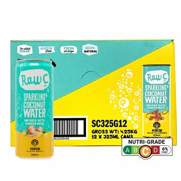 Raw C Sparkling Coconut Water Infused with Ginger Beer, 325 ml x 12