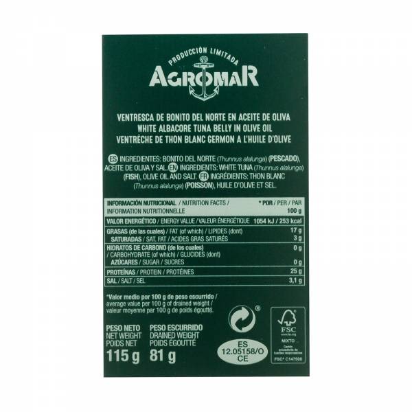Agromar White Tuna Belly In Olive Oil, 115g