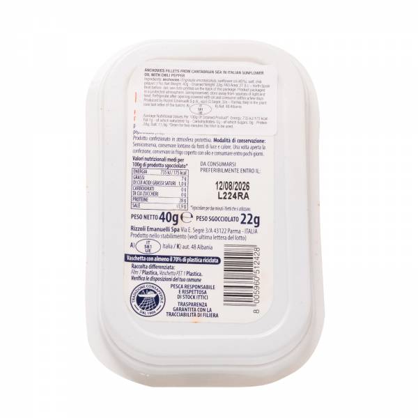 Rizzoli Anchovy Fillets from the Cantabrian Sea in Italian Oil with Chilli, 40g