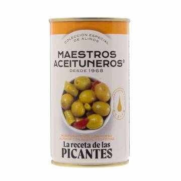 Maestros Aceituneros Picantes Olives with Oil & Green Pepper from Navarra, 370g