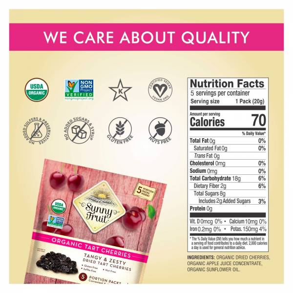 Sunny Fruit Organic Tart Cherry, 100g (5 Snack Packs)